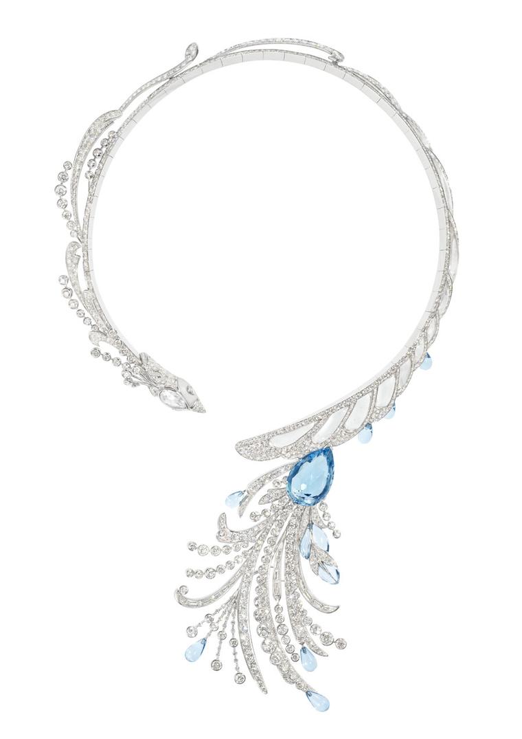 Boucheron Hotel de la Lumière Paon de Lune necklace in white gold, set with white diamonds, rock crystal and aquamarine.