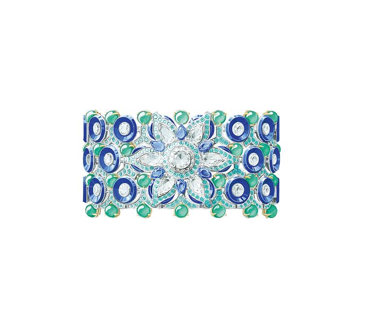 Van Cleef & Arpels Geometric Flower bracelet from the Pierres de Caractere Variations collection with pear-shaped sapphires, lapis lazuli, chrysoprase beads, Paraiba-like tourmalines and round diamonds set in white and yellow gold.