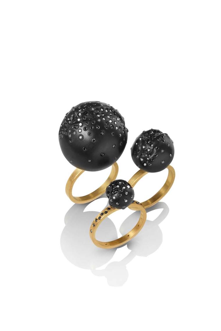 Jacqueline Cullen black diamond set ball cocktail rings.