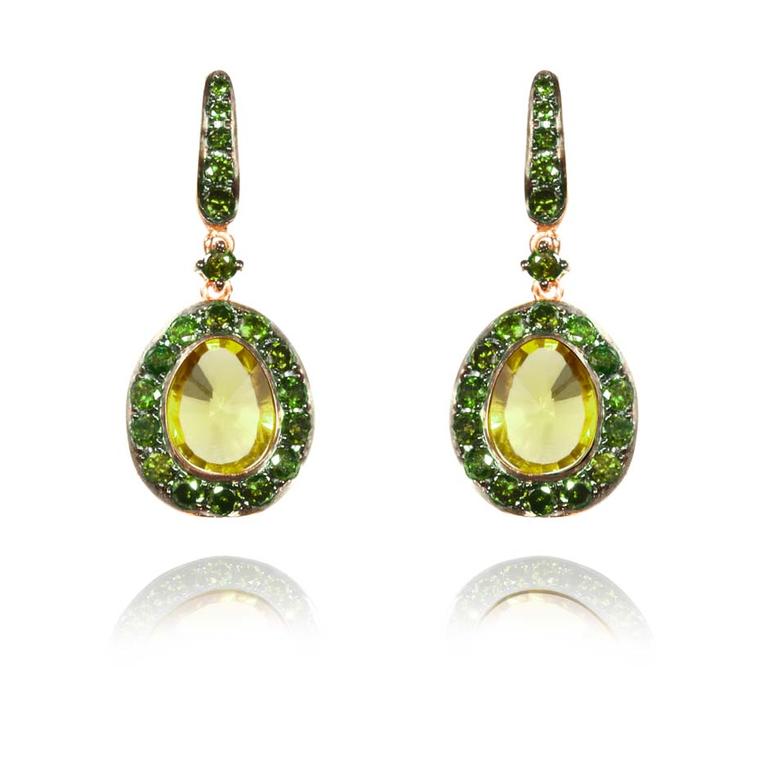 Annoushka Dusty Diamonds rose gold earrings with green diamonds and centre olive quartz.