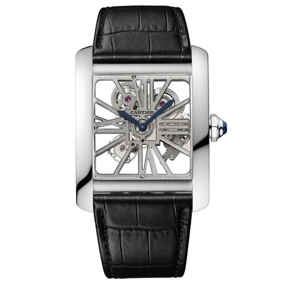 The Cartier Tank MC Skeleton palladium watch combines the