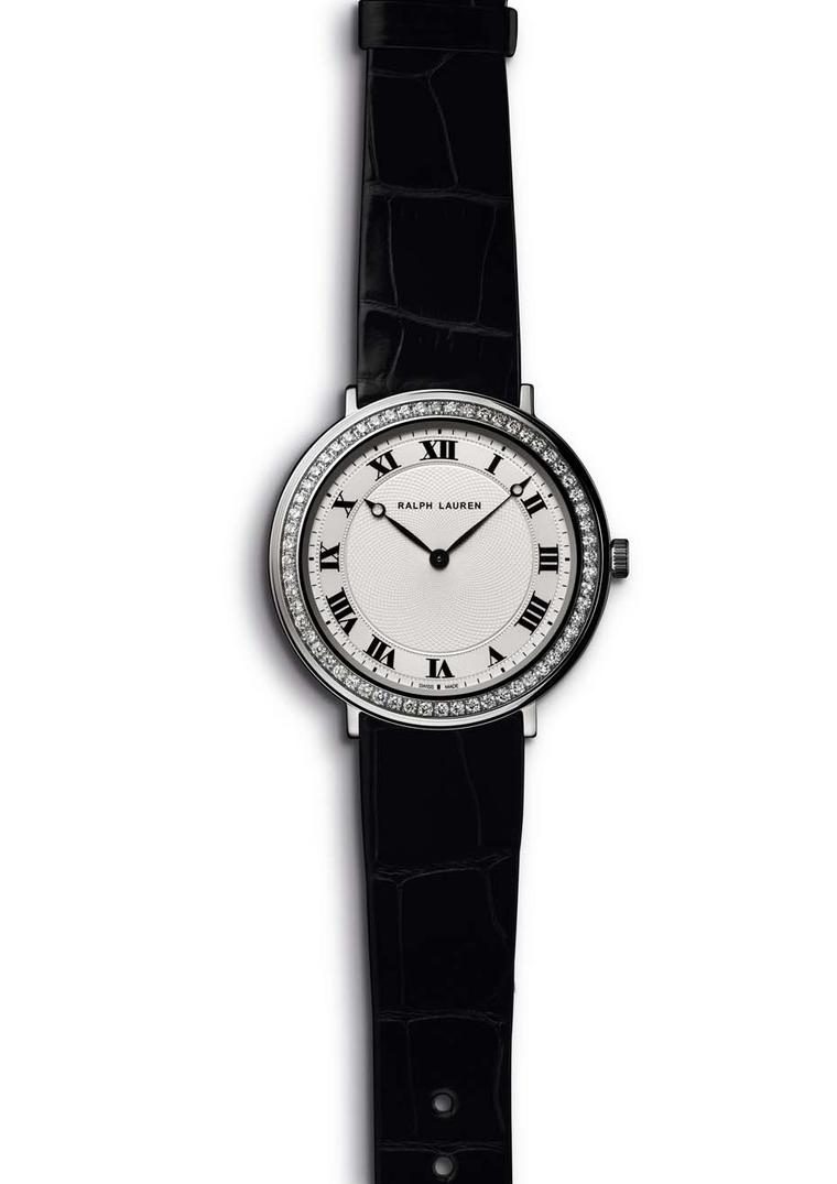 Ralph Lauren Slim Classique 32mm watch in white gold with a diamond-set bezel