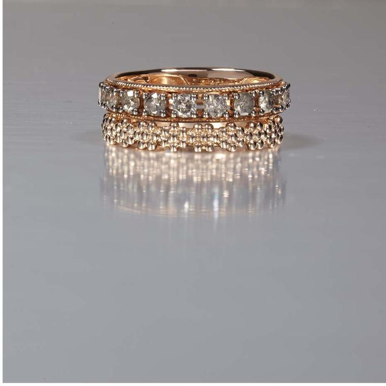 Annoushka white Dusty Diamond Eternity ring above a granulated gold Alchemy Daisy ring.