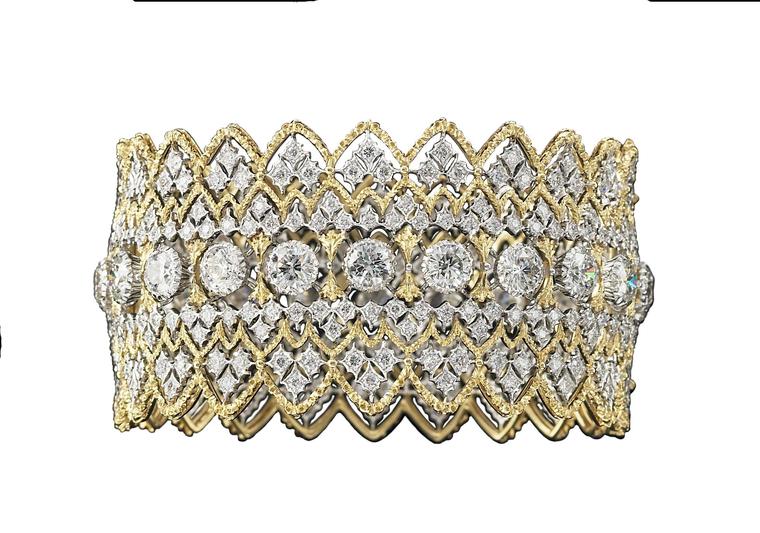 Buccellati gold lace-effect cuff bracelet with diamonds.