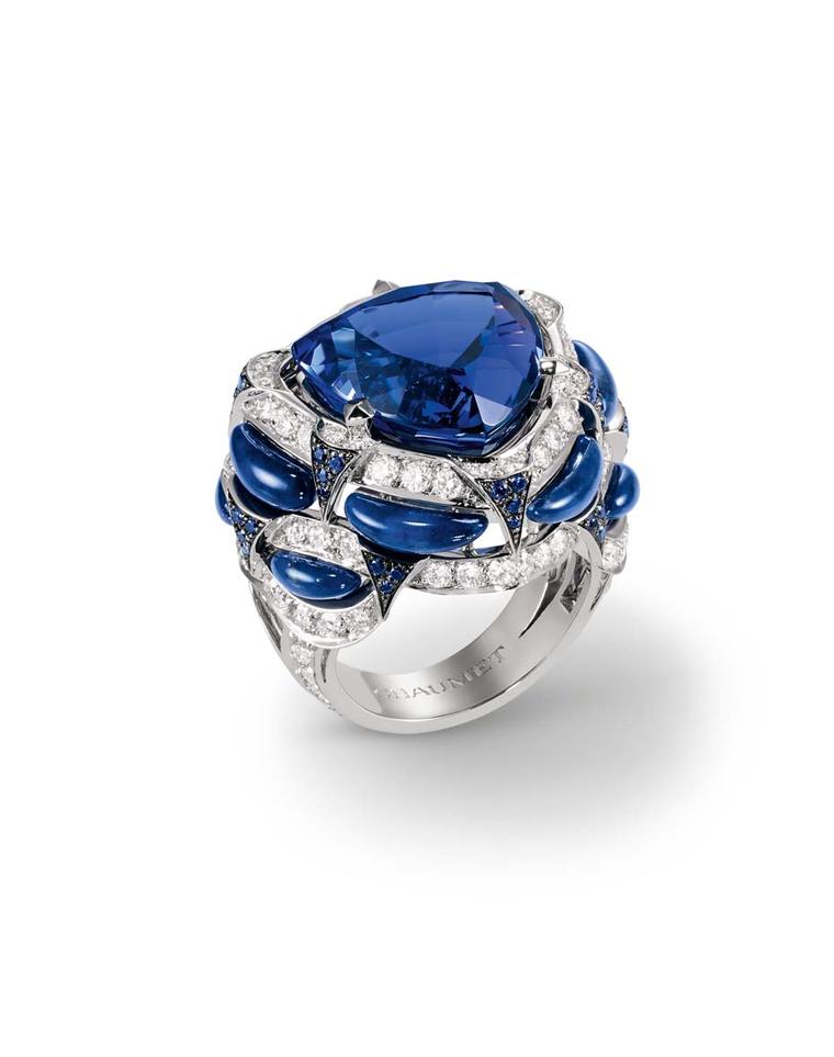 Chaumet Lumières d'Eau collection ring featuring diamonds, tanzanite and sculpted lapis lazuli.