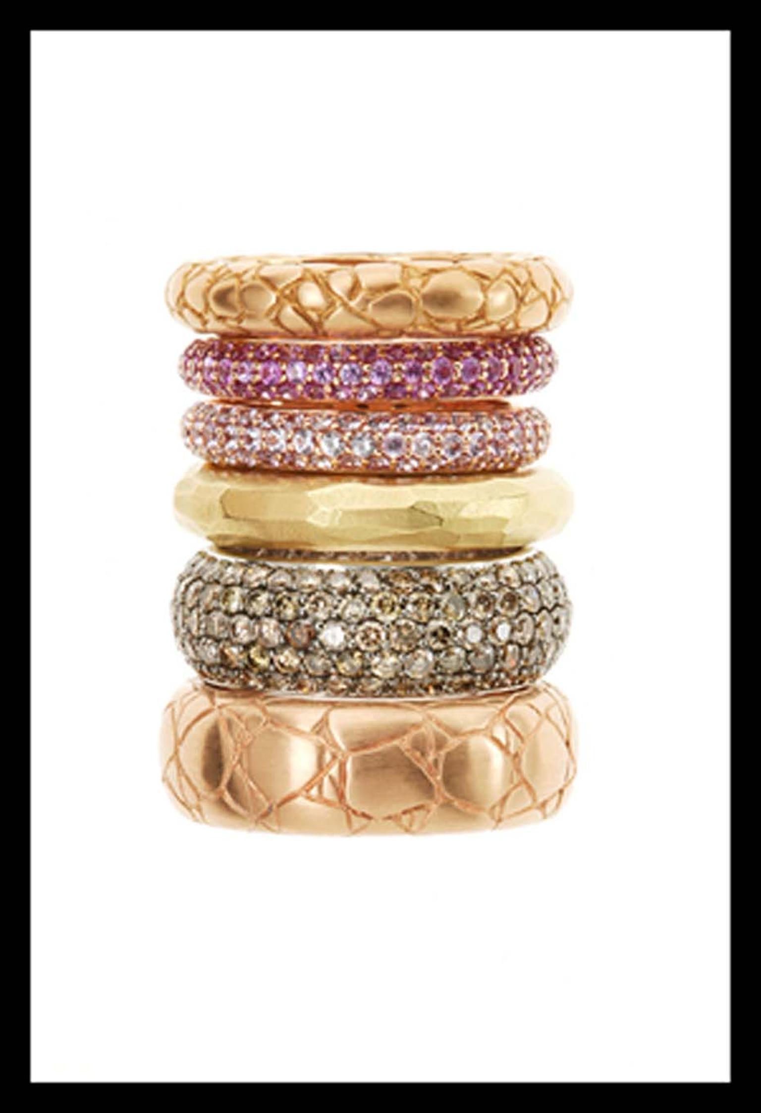 Elena Carrera pink and yellow gold rings featuring white and