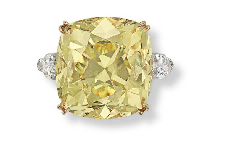 The cushion-cut Fancy Intense 36.09ct Yellow Diamond ring by Graff sold for US$173,000 at Christie’s sale of Important Jewels.