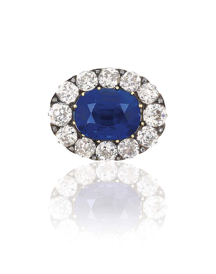 The star of Christie's Important Jewels sale on 26 November 2014 was Lot 444, a remarkable 14.66ct Kashmir sapphire, formerly the property of Evelina Rothschild, set in a Belle Epoque brooch surrounded by a cluster of old-cut diamonds. It sold for £1,398,