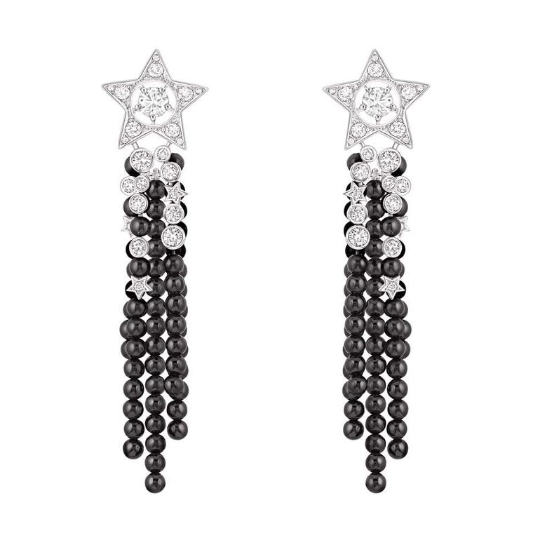 Chanel Nuit de Diamants earrings in white gold with diamonds and black spinel beads.