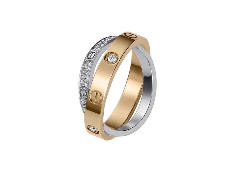 Cartier Love Noble Two-row Crystals Decked Screw Detail Narrow Ring White/ Pink/Yellow Gold-plated