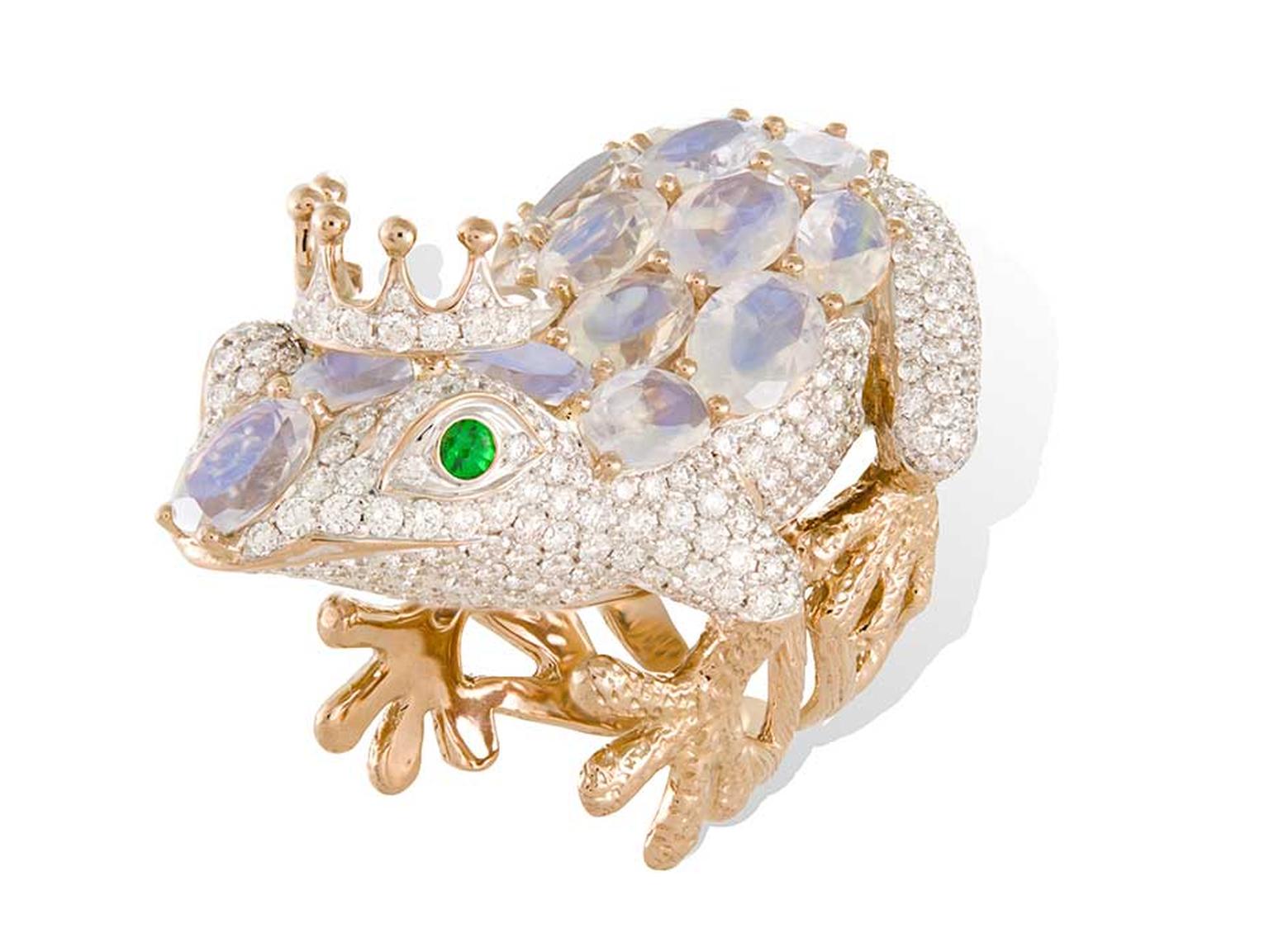 Lydia Courteille Frog ring in gold with diamonds, moonstones