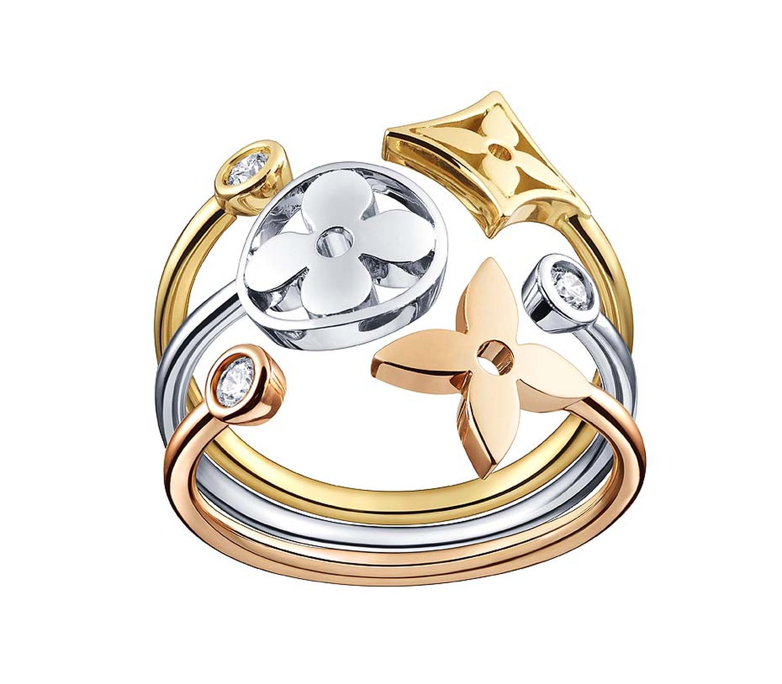 This stackable Louis Vuitton ring in white, yellow and pink