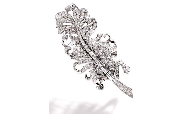 Lot 330 Platinum and Diamond Feather Brooch, Circa 1940, possibly designed by Verdura for Flato Est. $30/50,000. SOLD FOR $374,500